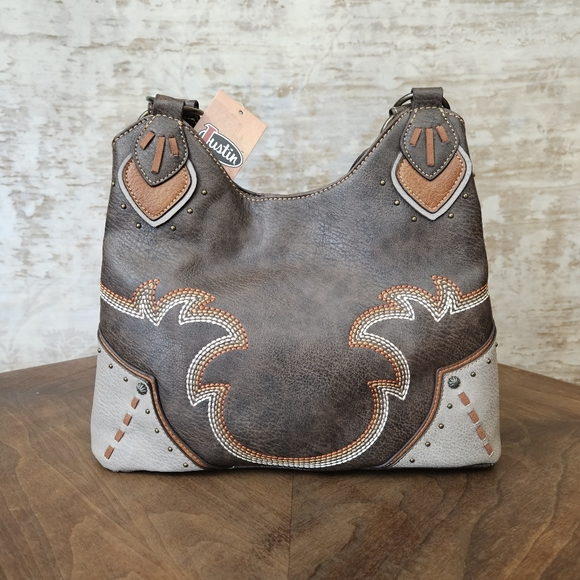 Justin Boots Handbags - Justin Ladies Western Concealed Brown Leather Carry Hobo Purse Southwest Taupe